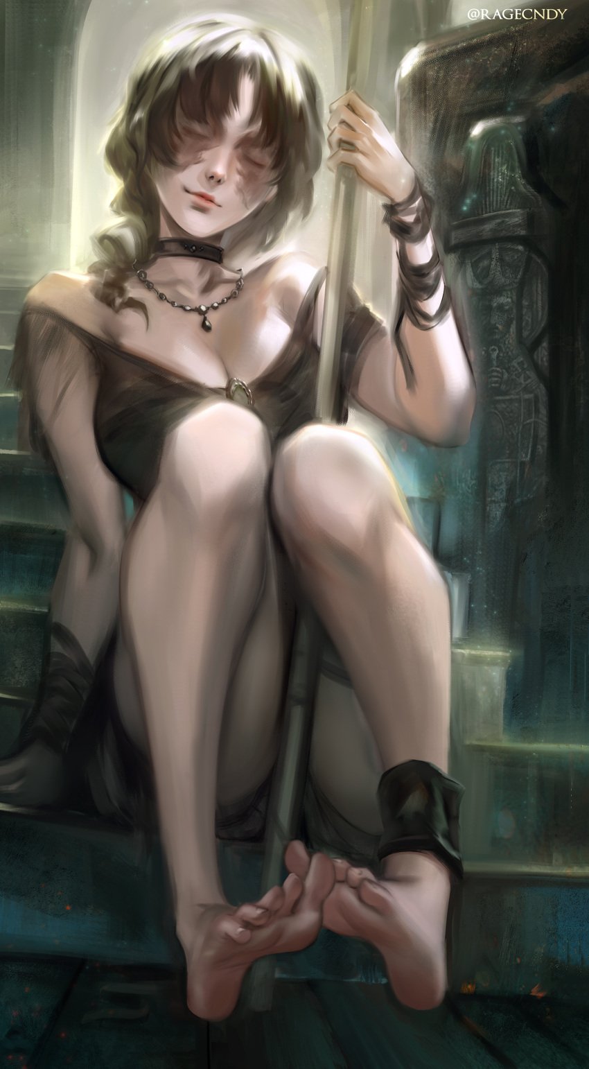 absurdres barefoot black_choker black_clothes black_hair breasts candle_wax choker covered_eyes demon's_souls feet female fromsoftware highres holding holding_staff jewelry lips maiden_in_black necklace nose painting_(artwork) pink_lips ragecndy sitting sitting_on_stairs soles souls_(from_software) staff stairs