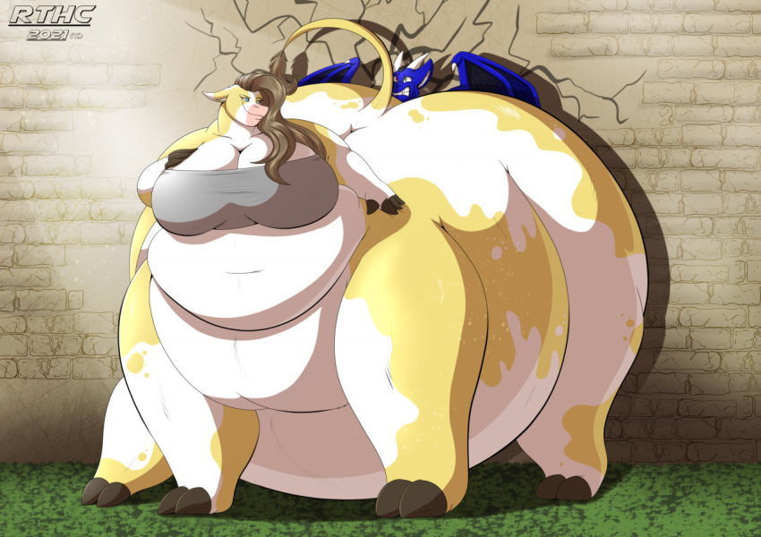 1boy 1girls 2021 absurd_res anthro belly big_belly big_breasts blue_body bovid bovid_taur bovine bovine_taur breasts brown_hair castle cattle cattle_taur cleavage dragon female hair hand_on_breast hi_res huge_breasts male overweight overweight_female robthehoopedchipmunk taur