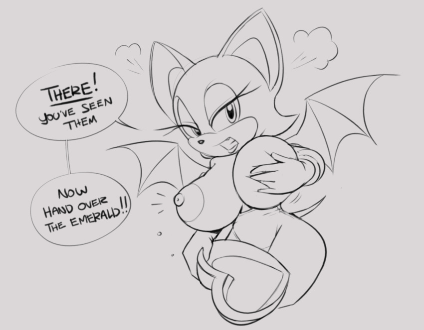 angry anthro breasts chiropteran clothed clothing english_text eyelashes fingers gloves hair half-closed_eyes holding monochrome nipples rouge_the_bat shortstack sonic_(series) squidapple text thick_thighs wings