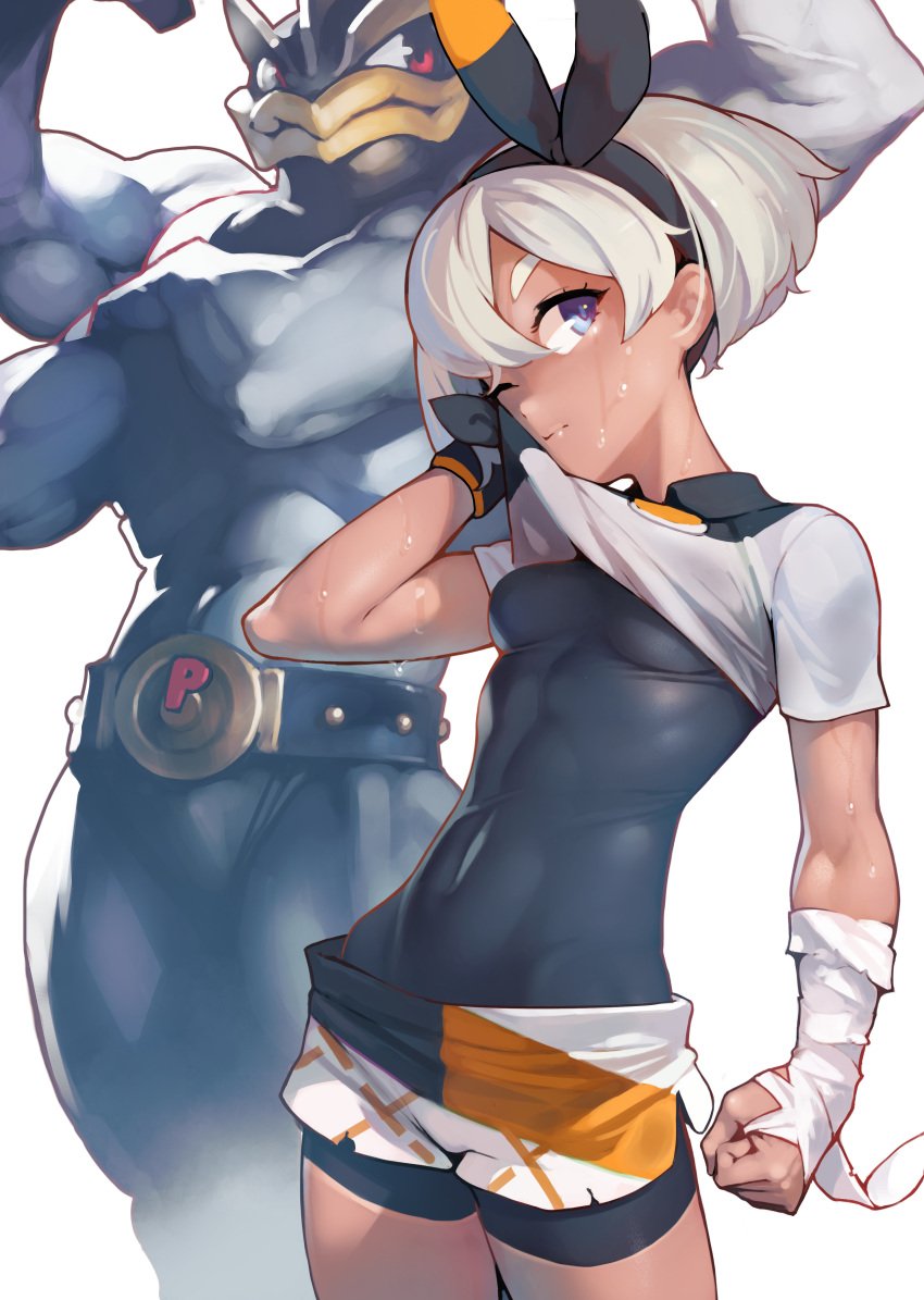 1girls abs ataruman bea_(pokemon) blue_eyes bodysuit breasts clothed gauze gray_hair machamp muscular nintendo pokemon pokemon_(species) pokemon_ss shorts sweat tan_skin toned wiping