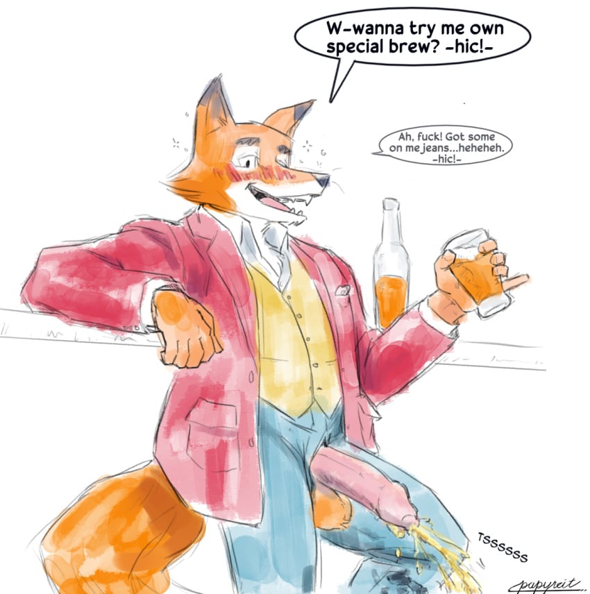 1boy 2021 alcohol anthro balls beer beverage blush bodily_fluids canid canine drunk english_text erection foreskin fox genital_fluids genitals henry_(old_speckled_hen) hi_res holding_glass holding_object humanoid_genitalia humanoid_penis male male_only mammal old_speckled_hen papyreit peeing penis penis_through_fly poking_out profanity solo substance_intoxication text uncut urine watersports