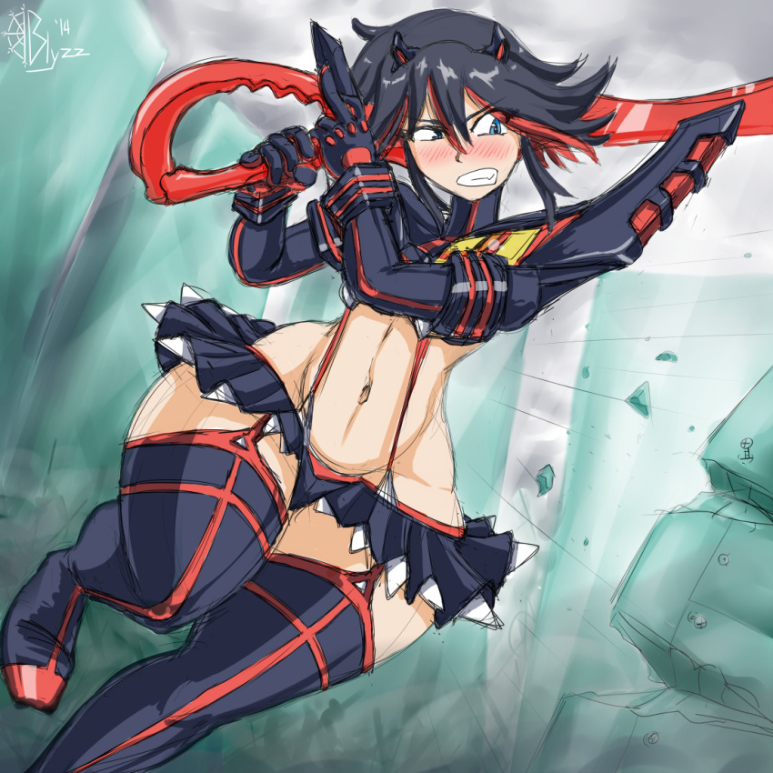 1girls ass big_ass blue_eyes blush blyzzarde bottom_heavy fat_ass garter_belt huge_ass kill_la_kill matoi_ryuuko multicolored_hair short_skirt skirt thick_thighs thighhighs wide_hips