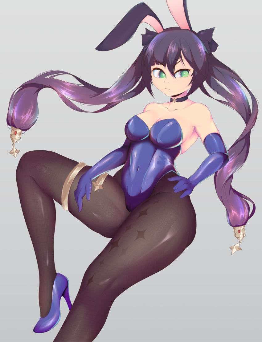 1girls ass big_ass black_hair breasts bunny_ears bunnysuit fat_ass fully_clothed genshin_impact green_eyes hand_on_hip hand_on_leg heels high_heels leggings lyinart mona_(genshin_impact) thick_thighs thighs tight_clothing wide_hips