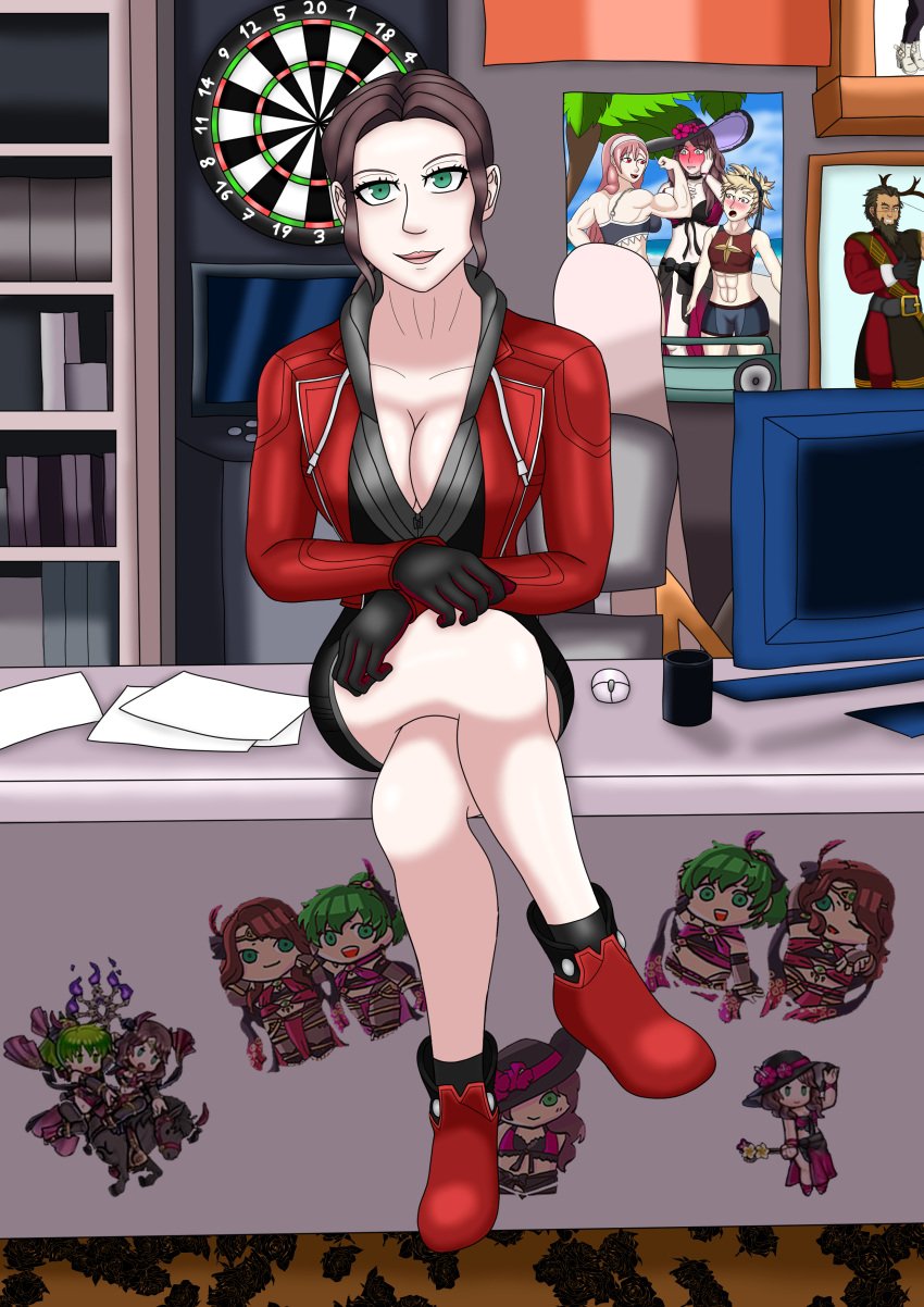 1girls ai:_the_somnium_files alternate_costume bare_legs brown_hair cleavage cosplay crossed_legs desk detailed_background dorothea_arnault fire_emblem fire_emblem:_three_houses green_eyes large_breasts long_hair looking_at_viewer medium_hair nintendo office office_lady omnislayer1993 on_desk on_table sitting sitting_on_desk smile solo