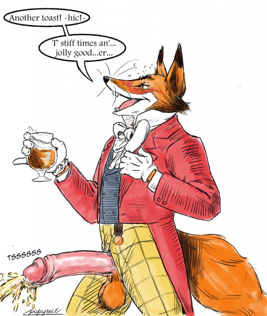 1boy 2021 alcohol anthro ball_tuft beer beverage big_penis blush bodily_fluids canid canine drunk english_text erection fox genital_fluids genitals glass henry_(old_speckled_hen) hi_res humanoid_genitalia humanoid_penis male male_only mammal old_speckled_hen papyreit peeing penis penis_through_fly poking_out retracted_foreskin simple_background smile solo substance_intoxication text tuft urine watersports