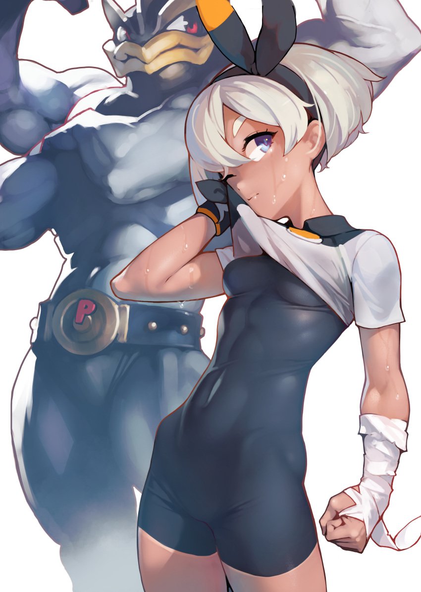 1girls abs ataruman bea_(pokemon) blue_eyes bodysuit breasts clothed gauze gray_hair machamp muscular nintendo pokemon pokemon_(species) pokemon_ss shorts sweat tan_skin toned wiping