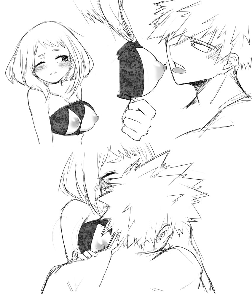 1boy 1girls breasts erect_nipples exposed_breasts female grchloex katsuki_bakugou male my_hero_academia nipples ochako_uraraka straight sucking_nipples