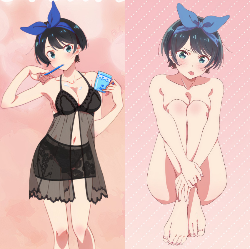 1girls bad_censor black_hair blush brushing_teeth censored covering feet female female_only headband kanojo_okarishimasu legs_crossed lingerie looking_at_viewer multiple_views negligee nude nude_female nude_filter sarashina_ruka short_hair solo tongue tongue_out toothbrush very_short_hair waifu2x