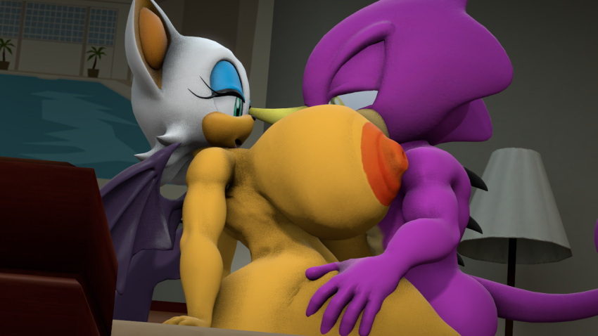 1boy 1girls 3d 3d_(artwork) 3d_model anthro big_breasts black_wings chameleon chiropteran espio_the_chameleon eyeshadow fingers half-closed_eyes hetero heterosexual horn ironhawk male/female mobian mobian_(species) mobian_bat purple_body rouge_the_bat sega sonic_(series) sonic_adventure_2 sonic_the_hedgehog_(series) tan_inner_ear white_hair wings yellow_eyes