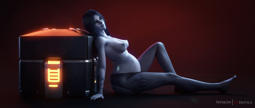 1girls 3d areolae breasts female female_only huge_belly looking_at_viewer lootbox nipples overwatch pinup pregnant purple_skin ready_to_pop solo vgerotica widowmaker