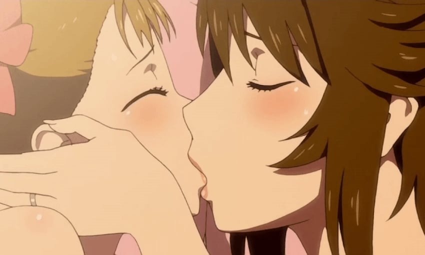 2girls age_difference animated animated_gif anime_screencap bed blush brown_hair closed_eyes french_kiss haha_musume_donburi_oppai_tokumori_bonyuu_shiru_dakude incest jewelry kaneko_hiraku kissing lips lying mature_female milf mother mother_and_daughter multiple_girls nude older_woman_and_younger_girl on_side ova oyakodon pillow ring rumi_(haha_musume_donburi) sakie_(haha_musume_donburi) screencap screenshot sweat tongue toranoana wedding_ring yuri