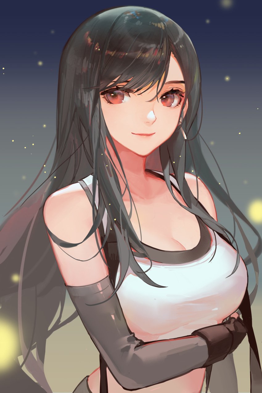 black_hair cleavage final_fantasy final_fantasy_vii kyomon long_hair looking_at_viewer red_eyes songjikyo tagme tifa_lockhart