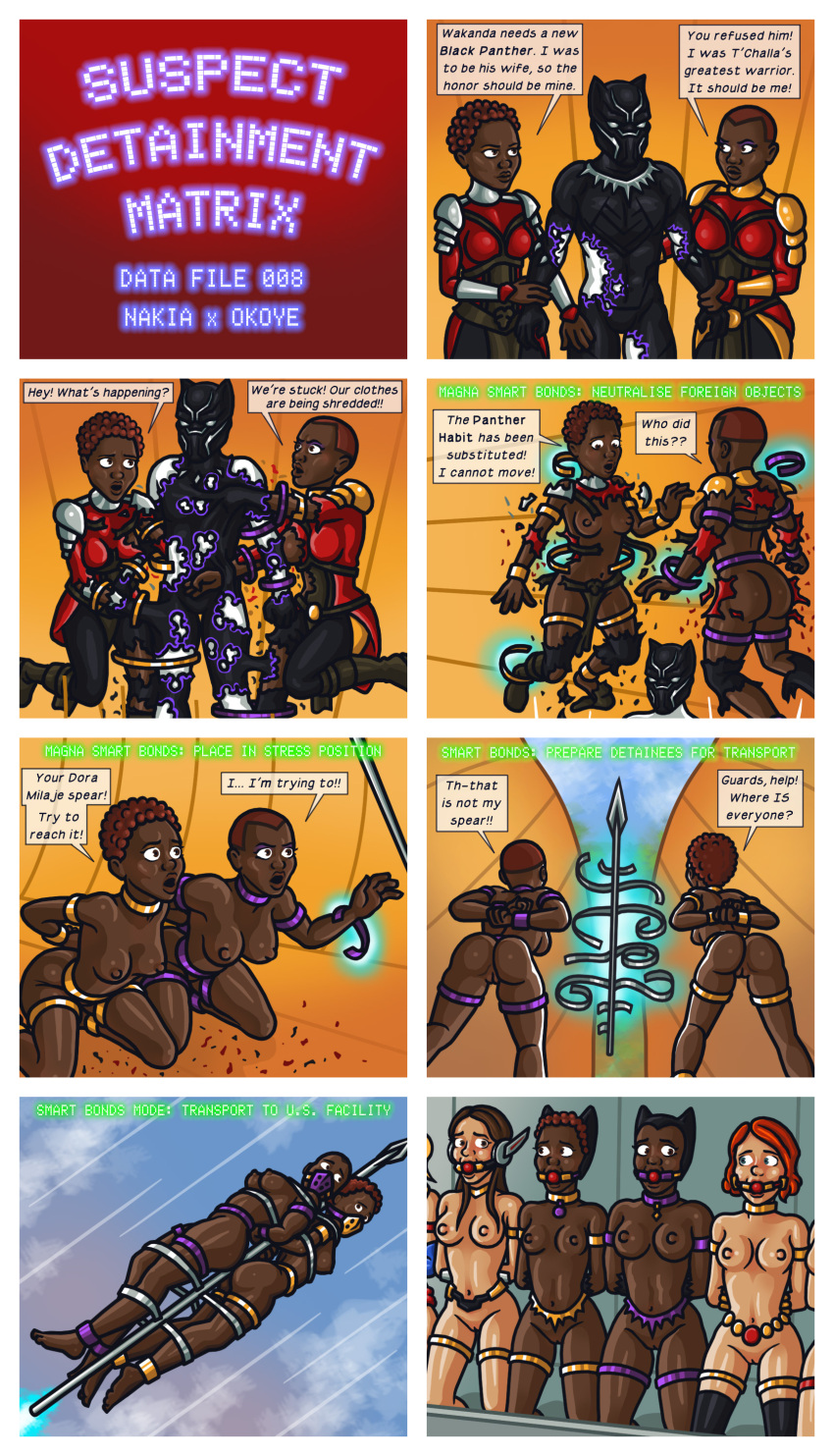 1boy abducted actress african african_female ant-man_(series) avengers black_panther_(series) black_panther_suit black_widow_(marvel) bondage cartoony comic comic_page comic_panel comic_sequence comic_strip danai_gurira dark-skinned_female dark_skin disappearing_clothes disintegrating_clothes embarrassed embarrassed_nude_female english_text evangeline_lilly female forced_nudity gag gagged hope_van_dyne human kidnapped light-skinned_female light_skin lupita_nyongo male marvel marvel_cinematic_universe mechanical multiple_girls nakia natasha_romanoff nipples okoye parody parody_comic parody_porn peril prisoner restrained scarlett_johansson spoof stripped suddenly_naked text wakandan wasp_(marvel) zincuntainted