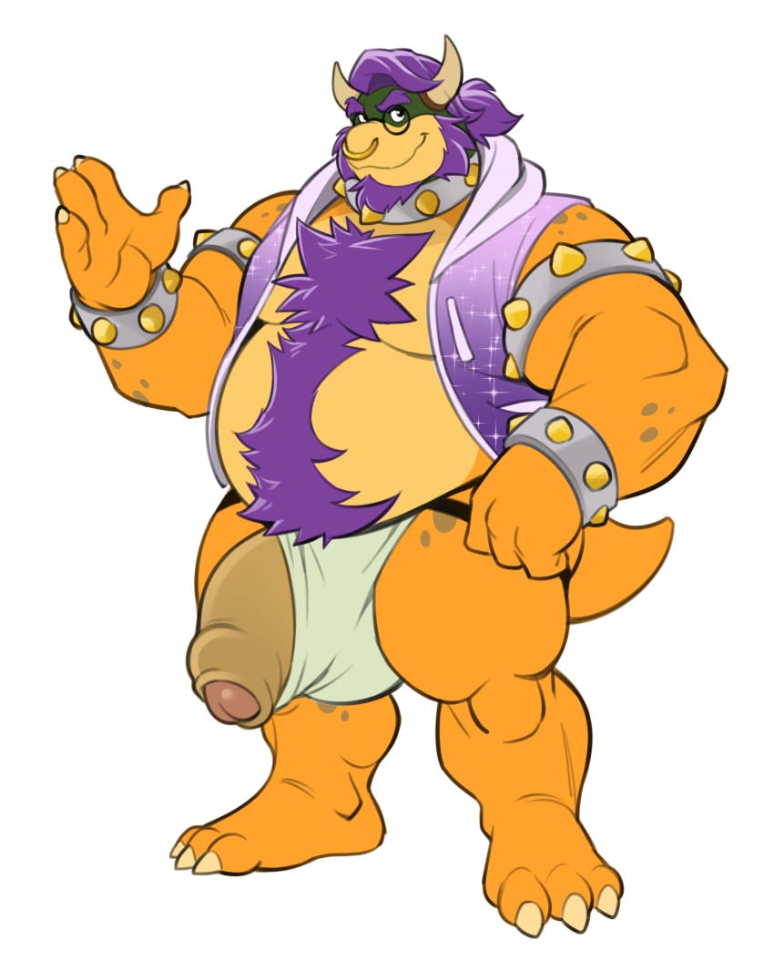 3_toes 4_fingers absurd_res analon_(artist) anthro armband bara beard belly_tuft big_penis bracelet chest_tuft clothed clothing collar eyewear facial_hair facial_piercing fan_character feet fingers genitals glasses hair hi_res horn jewelry jockstrap koopa male male_only mario_(series) muscular muscular_anthro muscular_male nintendo nose_piercing nose_ring open_clothing open_topwear overweight penis piercing poking_out purple_hair scalie simple_background slightly_chubby solo spiked_armband spiked_bracelet spiked_collar spikes standing toes toomanyboners topwear tuft underwear video_games white_background