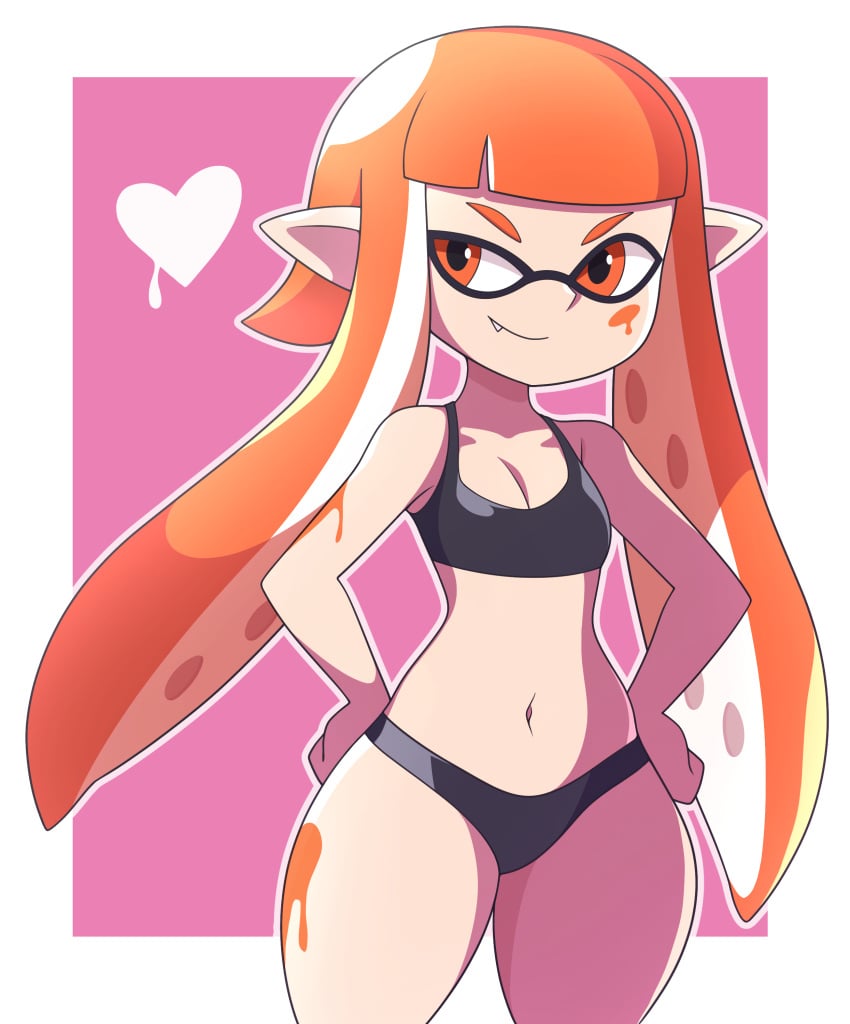 abysswatchers animal_humanoid anthro bangs black_panties black_underwear bottom_heavy cephalopod cephalopod_humanoid female humanoid inkling inkling_girl kaori_(splatoon) long_hair long_orange_hair mask_(marking) navel nintendo orange_eyes orange_hair orange_inkling_girl panties petite pointy_ears pseudo_hair shortstack simple_background small_breasts small_frame solo solo_female splatoon splatoon_(series) sports_bra squid tentacle tentacle_hair thick_thighs underwear wide_hips