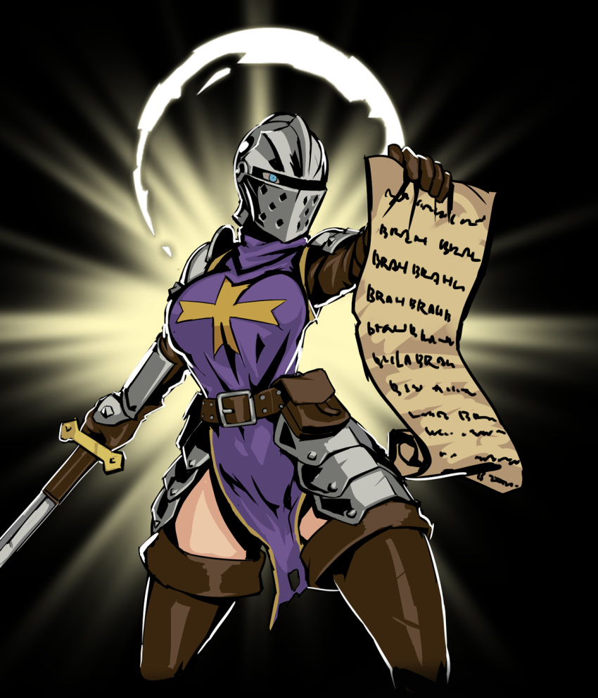 1girls armor belt crusader_(darkest_dungeon) darkest_dungeon female_knight helmet knight medieval medieval_armour nisetanaqa rule_63 sword tabard tagme thighhigh_boots