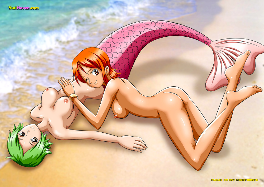 2girls ass beach breasts camie female female_only green_hair looking_at_viewer mermaid mermaid_tail monster_girl multiple_girls nami nipples nude nude_female one_eye_closed one_piece orange_hair palcomix palcomix_vip pre-timeskip short_hair shounen_jump yuri yurihaven.com