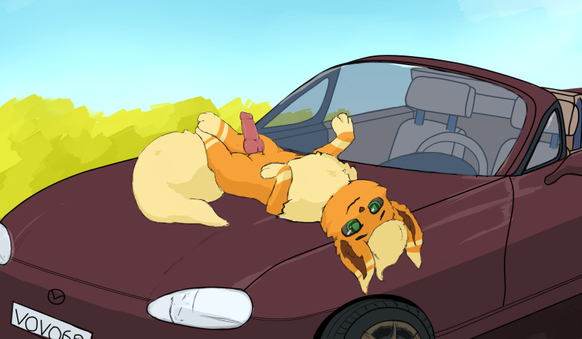 animal_genitalia animal_penis black_nose canine_penis car dipstick_ears eeveelution eyebrows feral flareon fluffy fluffy_tail fur genitals green_eyes hi_res knot looking_at_viewer lying male mazda mazda_mx-5 multicolored_ears nintendo on_back orange_body orange_fur penis pokémon_(species) pokemon riding ringed_eyes smile solo steering_wheel vehicle video_games vovo yellow_paws