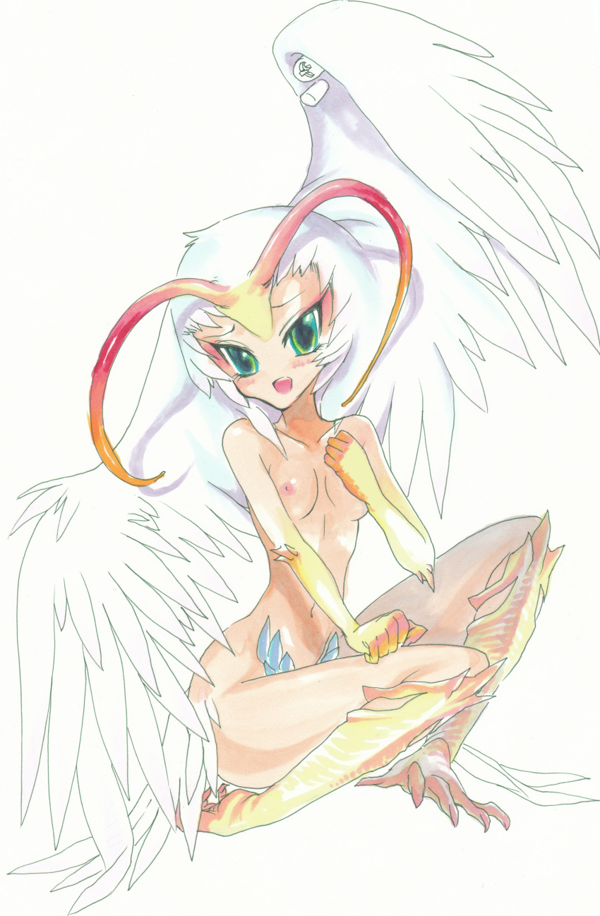 1girls 2009 antennae blush breasts claws curvaceous devilman feathers female green_eyes harpy head_wings humanoid ki-ju large_breasts light-skinned_female light_skin monster_girl nipples nude open_mouth pubic_hair simple_background sirene small_breasts solo talons villainess white_background white_hair wings