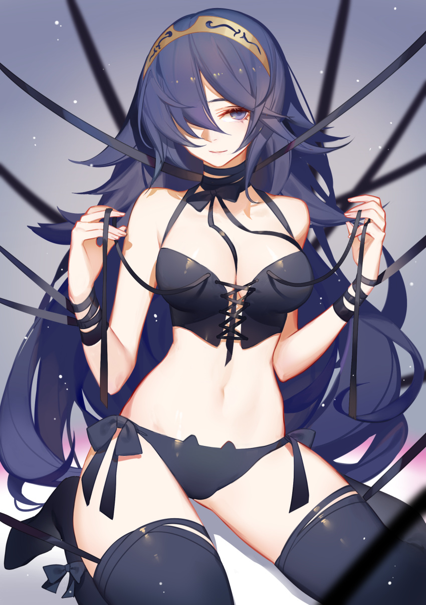 blue_eyes blue_hair breasts clothed fire_emblem fire_emblem_awakening hairband hips lingerie lucina_(fire_emblem) ribbons skimpy_clothes songjikyo thighhighs