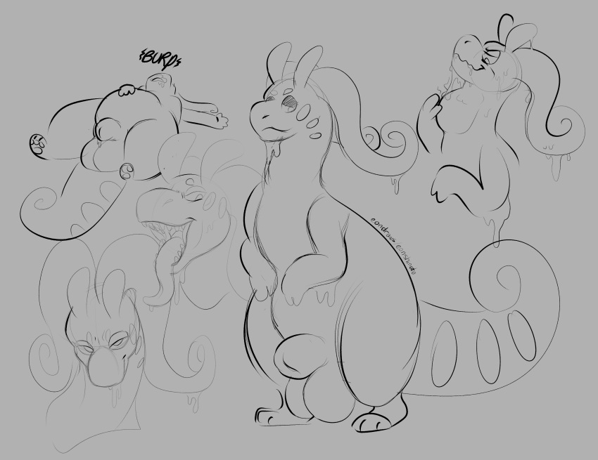 2021 animal_genitalia burping eonshinato feral fully_sheathed genitals goodra hi_res humanoid looking_at_viewer male monochrome neck_bulge nintendo pokémon_(species) pokemon pokemon_(species) sheath sketch sketch_page slime solo swallowing video_games vore