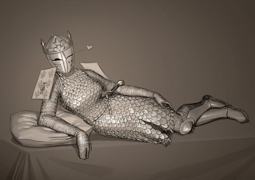 1girls ailette armor chainmail chausses crown enclosed_helmet fully_clothed gloves greaves heart helmet kardia_of_rhodes knight leaning_on_elbow lying_on_side medieval medieval_armour pillow scabbard scale_armor sheath sheathed solo sword wassnonnam wink