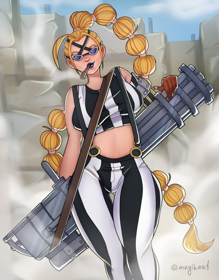 1girls beast_pirates blonde_hair cigarette female female_only funky gatling_gun glasses goth gun holding_object holding_weapon long_hair magikeel one_piece outdoors overalls queen queen_(one_piece) rule_63 smoking solo striped_clothing striped_legwear striped_topwear thick_thighs thigh_highs weapon