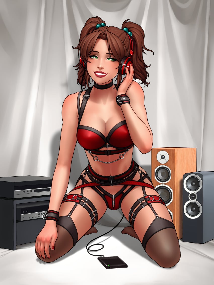 aidenke big_ass big_breasts bondage breasts cuffs female femsub garter_belt garter_straps jobeth_(aidenke) kneeling lingerie listening_to_music panty_zipper ronindude smartphone speaker wrist_cuffs zipper zipper_panties