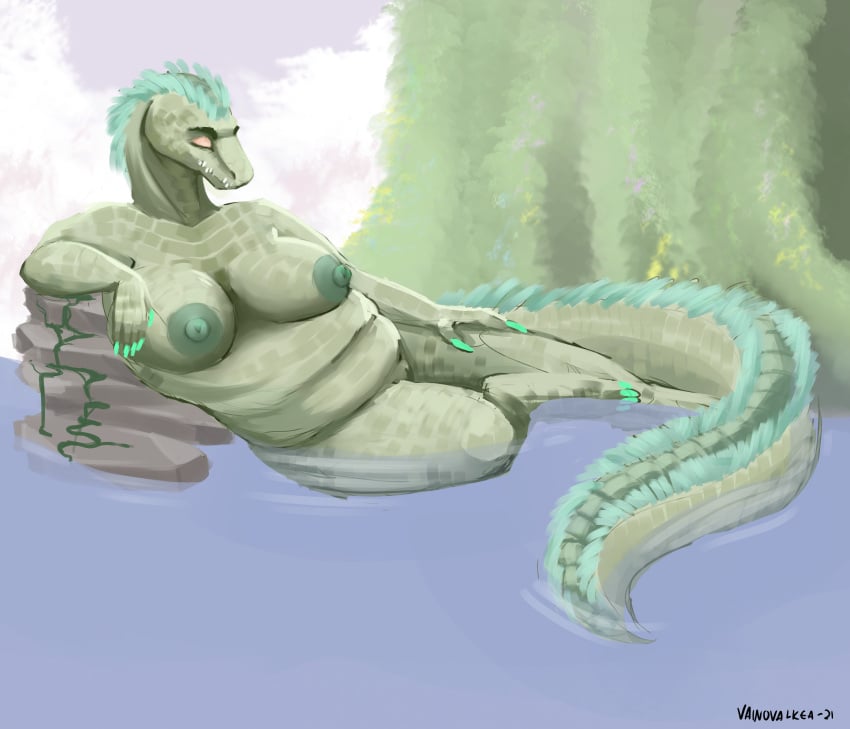 absurd_res anthro big_breasts breasts crocodilian dark_nipples female genitals hi_res long_tail lounging non-mammal_breasts overweight overweight_anthro overweight_female pussy relaxing reptile scalie solo vainovalkea water