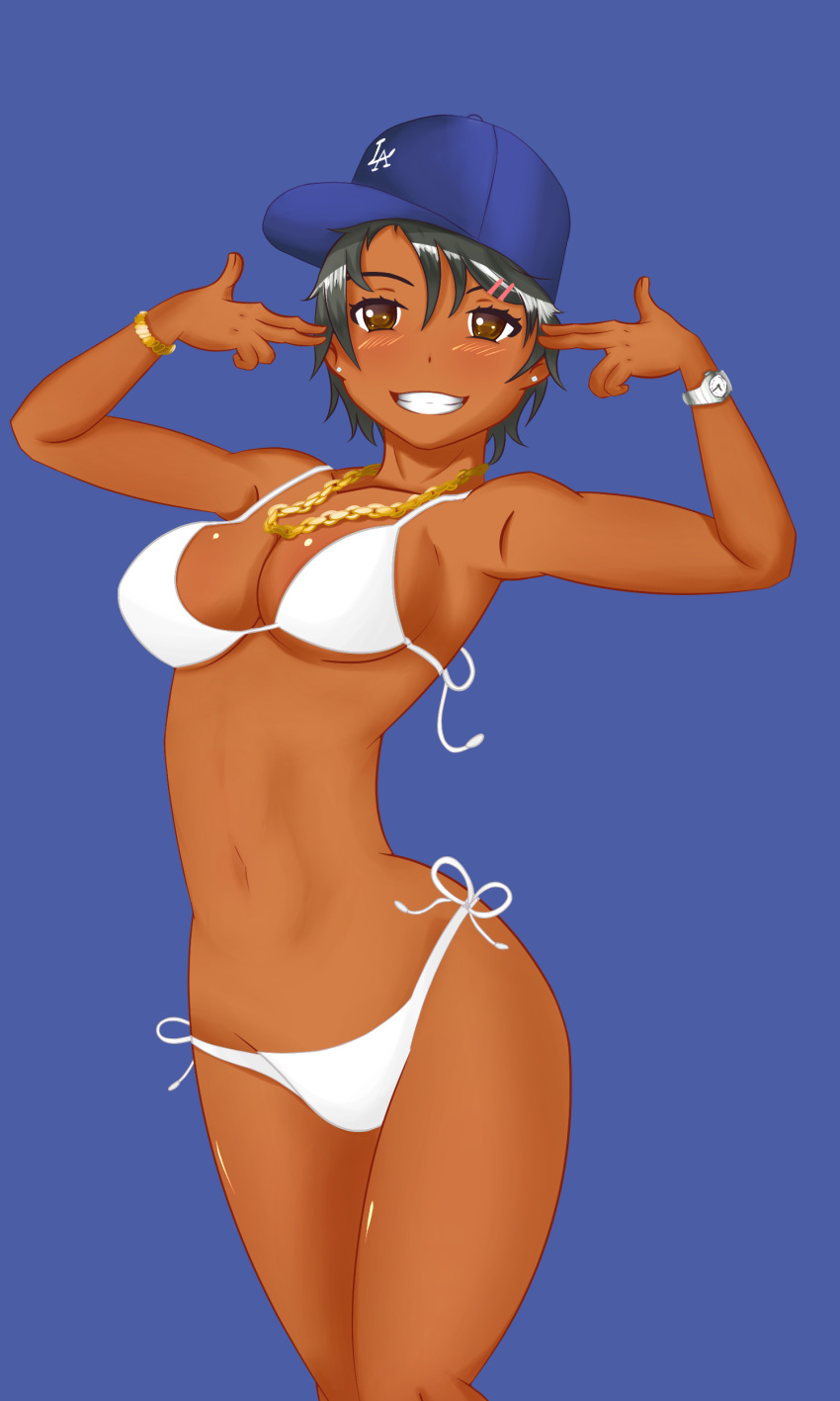 bikini black_hair brown_eyes dababy dark-skinned_female dark-skinned_male dark_skin hat jewelry rule_63