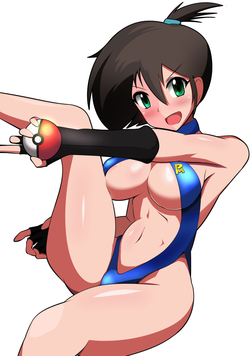 1girls alternate_hair_color big_breasts black_hair blush breasts dark_hair eyebrows_visible_through_hair female female_only green_eyes halubato kasumi_(pokemon) large_breasts legs misty_(pokemon) misty_(the_electric_tale_of_pikachu) navel nintendo one-piece_swimsuit pokeball pokemon pokemon_(manga) solo swimsuit the_electric_tale_of_pikachu white_background