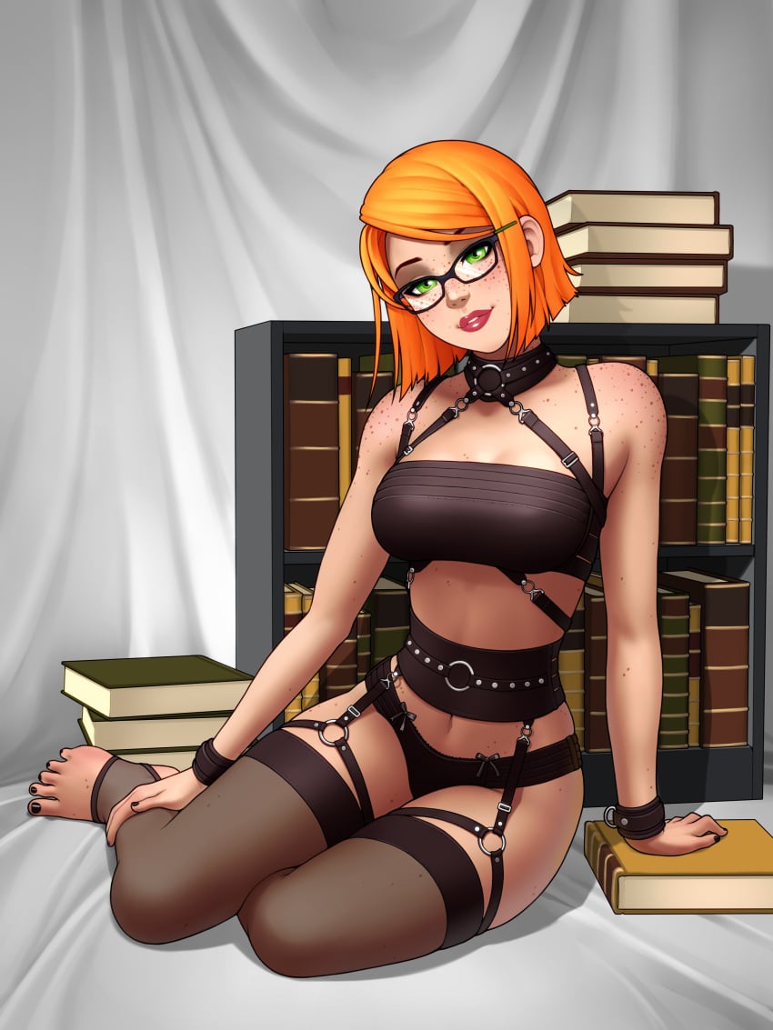 1girls big_ass big_breasts black_toenails book books female freckles garter_belt garter_straps glasses green_eyes light-skinned_female light_skin lingerie orange_hair ronindude sitting solo tara_(aidenke)