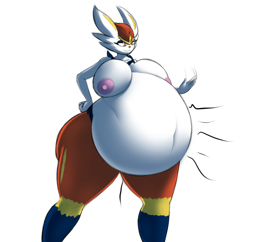 1girls anthro belly big_belly big_breasts blue_body blue_fur breasts cinderace digestion digital_media_(artwork) female female_pred fur hi_res lagomorph mammal nintendo orange_body orange_fur pokémon_(species) pokemon post_vore round_belly rumbling_stomach simple_background smile solo starstrikex thick_thighs video_games vore weight_gain white_background white_body white_fur