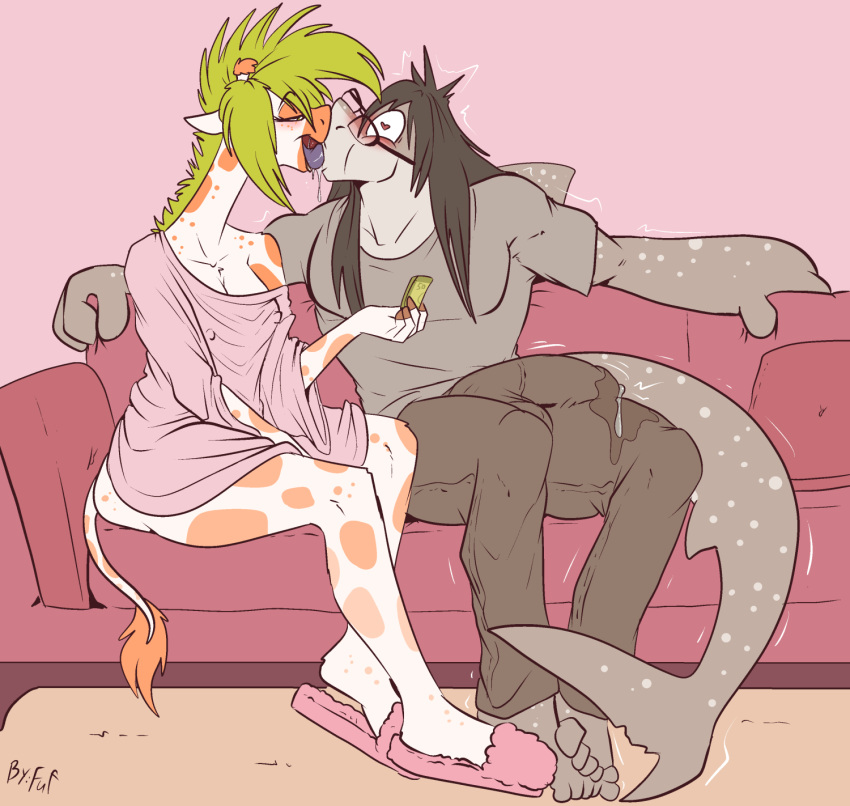 <3_eyes anthro ass barefoot blonde_hair blush bodily_fluids breasts brown_body brown_hair bulge carpet_shark closed_eyes clothed clothing cum cum_in_pants duo extreme_french_kiss feet female fish french_kissing fuf furniture genital_fluids giraffe giraffid hair heart hi_res irelynd_(rileyrivers) kissing long_tongue male male/female mammal marine money nipple_outline off_shoulder shark sofa story story_in_description toby_(rileyrivers) tongue wet wet_clothing whale_shark white_body