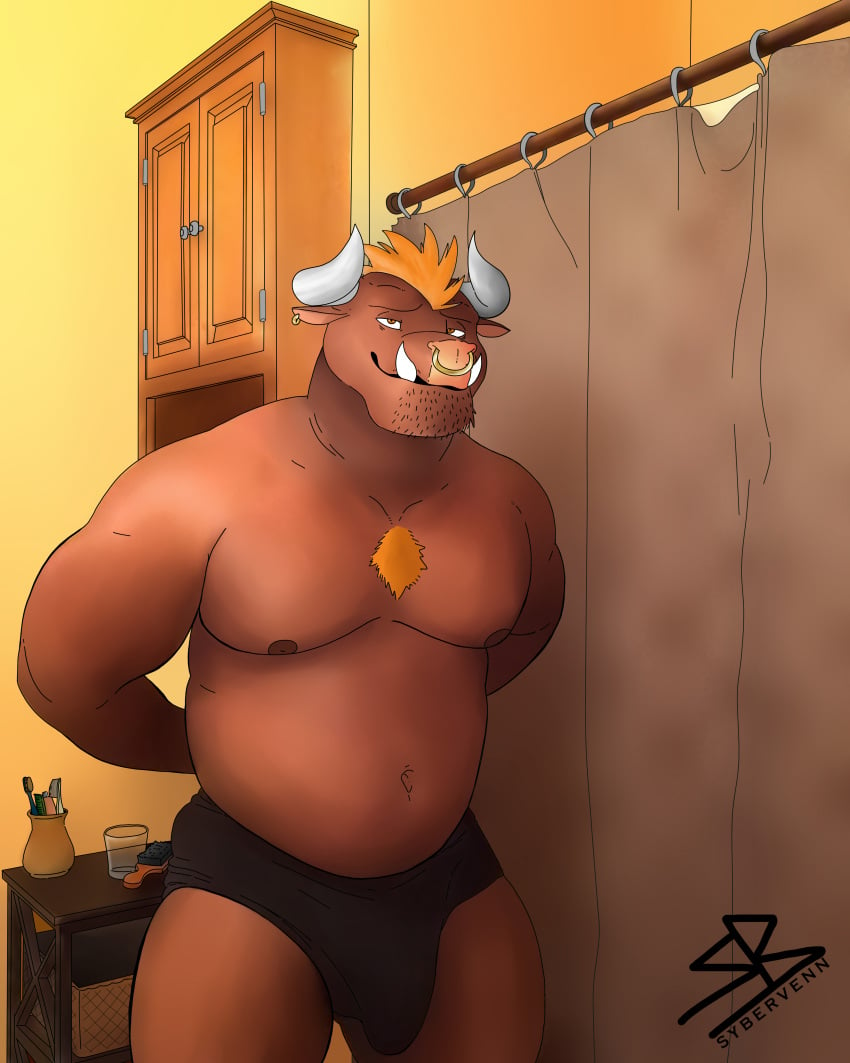 absurd_res anthro bathroom body_hair bovid bovine brown_body cattle chest_hair chubby_male digital_media_(artwork) facial_piercing fan_character hi_res horn male mammal muscular muscular_anthro muscular_male nose_piercing nose_ring piercing piercings sharp_teeth solo sybervenn teeth