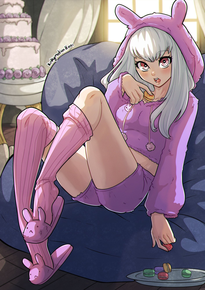 1girls alternate_costume artist_name blush bunny_ears cake couch detailed_background female female_only fire_emblem fire_emblem:_three_houses food heart-shaped_pupils highres hoodie kinkymation light_blush long_hair looking_at_viewer lysithea_von_ordelia macaron nintendo open_mouth pink_eyes pink_legwear shorts sitting sitting_on_couch slippers small_breasts socks solo sweets thighhighs white_hair window