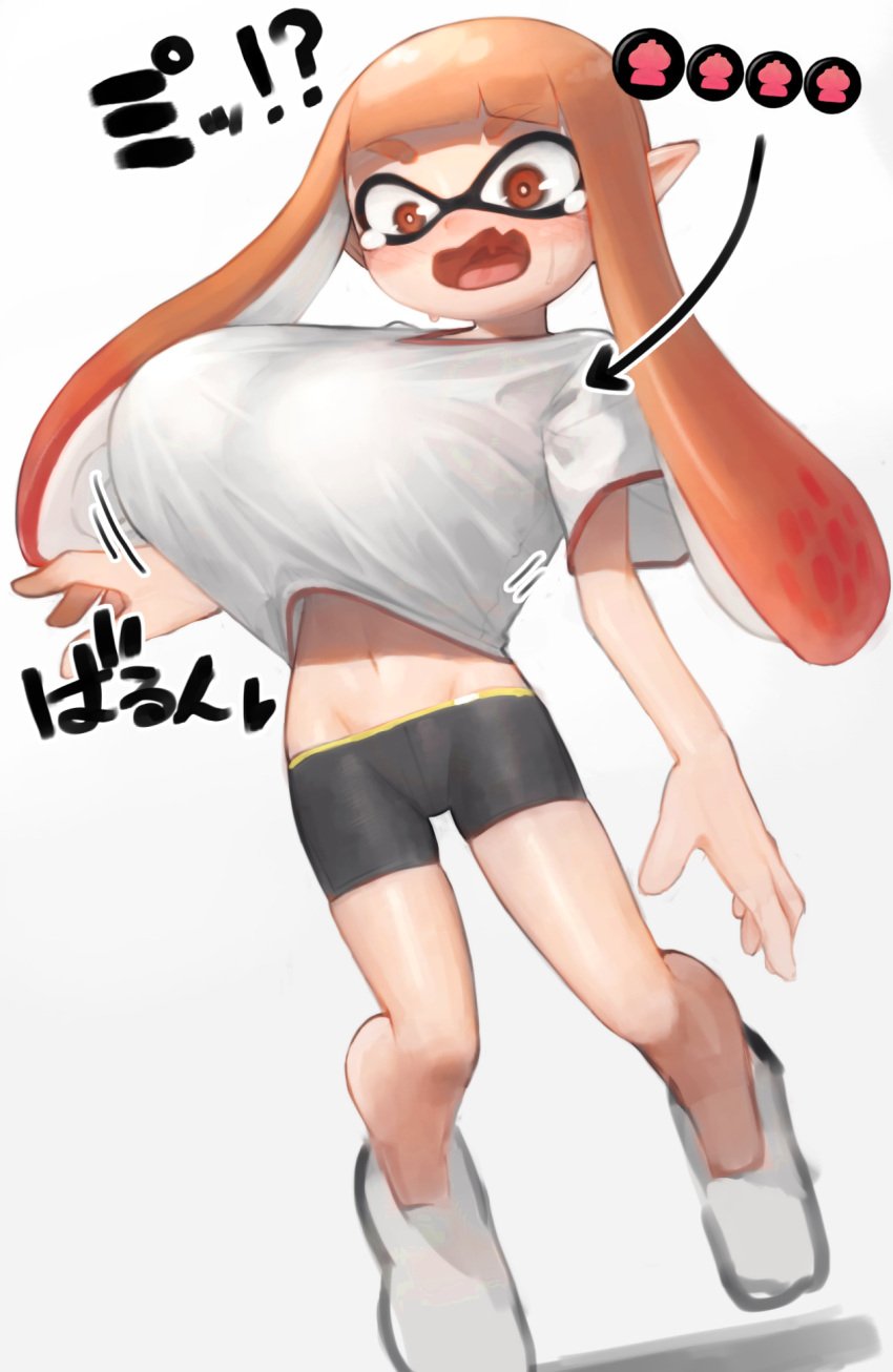 1girls animal_humanoid anthro breast_expansion breasts cephalopod cephalopod_humanoid huge_breasts humanoid inkling inkling_girl kaori_(splatoon) mask_(marking) nintendo orange_eyes orange_hair oruka_(kamituki0827) pointy_ears pseudo_hair small_but_busty solo splatoon splatoon_(series) squid tears tentacle tentacle_hair