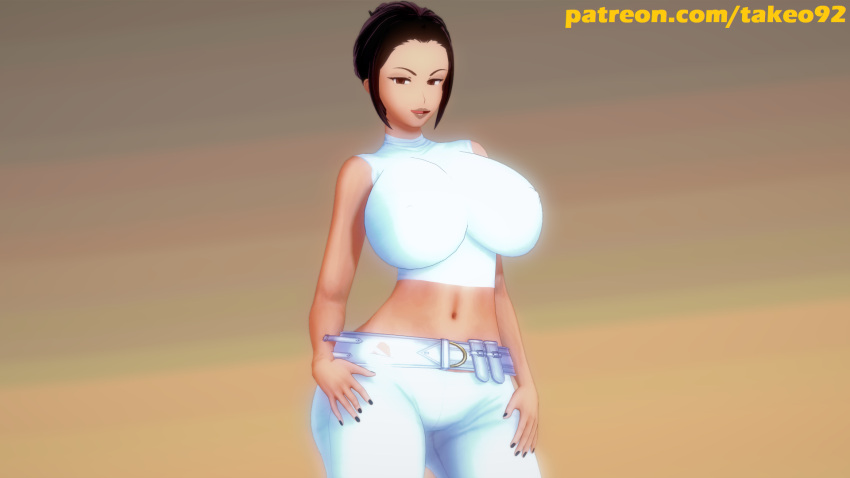 1girls 3d 3d_(artwork) alternate_costume ass_visible_through_thighs belt big_breasts black_fingernails brown_eyes brown_hair curvaceous curvy desert erect_nipples_under_clothes female_only half-closed_eyes horny huge_breasts koikatsu large_breasts looking_at_viewer nipples_visible_through_clothing open_mouth padme_amidala padme_on_geonosis patreon pinup posing rey short_hair smile smug solo star_wars takeo92 text thick thick_thighs tight_clothing tongue wide_hips