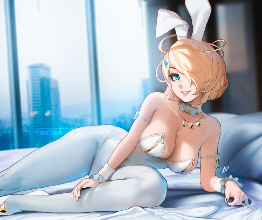 1girls audi_(tsuaii) aurahack blonde_hair blue_eyes breasts bunny_ears bunny_girl bunnysuit cleavage female female_only huge_breasts looking_at_viewer smile solo