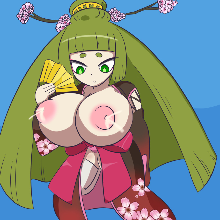 alpina_(yo-kai_watch) big_breasts big_nipples floating green_eyes green_hair huge_breasts iggy-bomb kimono lactation milk nipples pink_panties stockings thighhighs yo-kai_watch