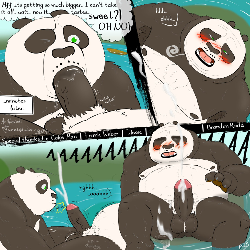 1:1 2021 2boys after_sex anthro ari_guardian balls black_body black_fur black_nose blush bodily_fluids closed_eyes comic cum dreamworks duo ejaculation english_text erection father father_and_child father_and_son fellatio foreskin fur genital_fluids genitals giant_panda glans green_eyes hi_res humanoid_genitalia humanoid_penis incest kung_fu_panda li_shan_(kung_fu_panda) male male/male mammal master_po_ping moobs nipples oral overweight overweight_male parent parent_and_child partially_retracted_foreskin penis sex son son_blowing_dad text uncut ursid water white_body white_fur yaoi