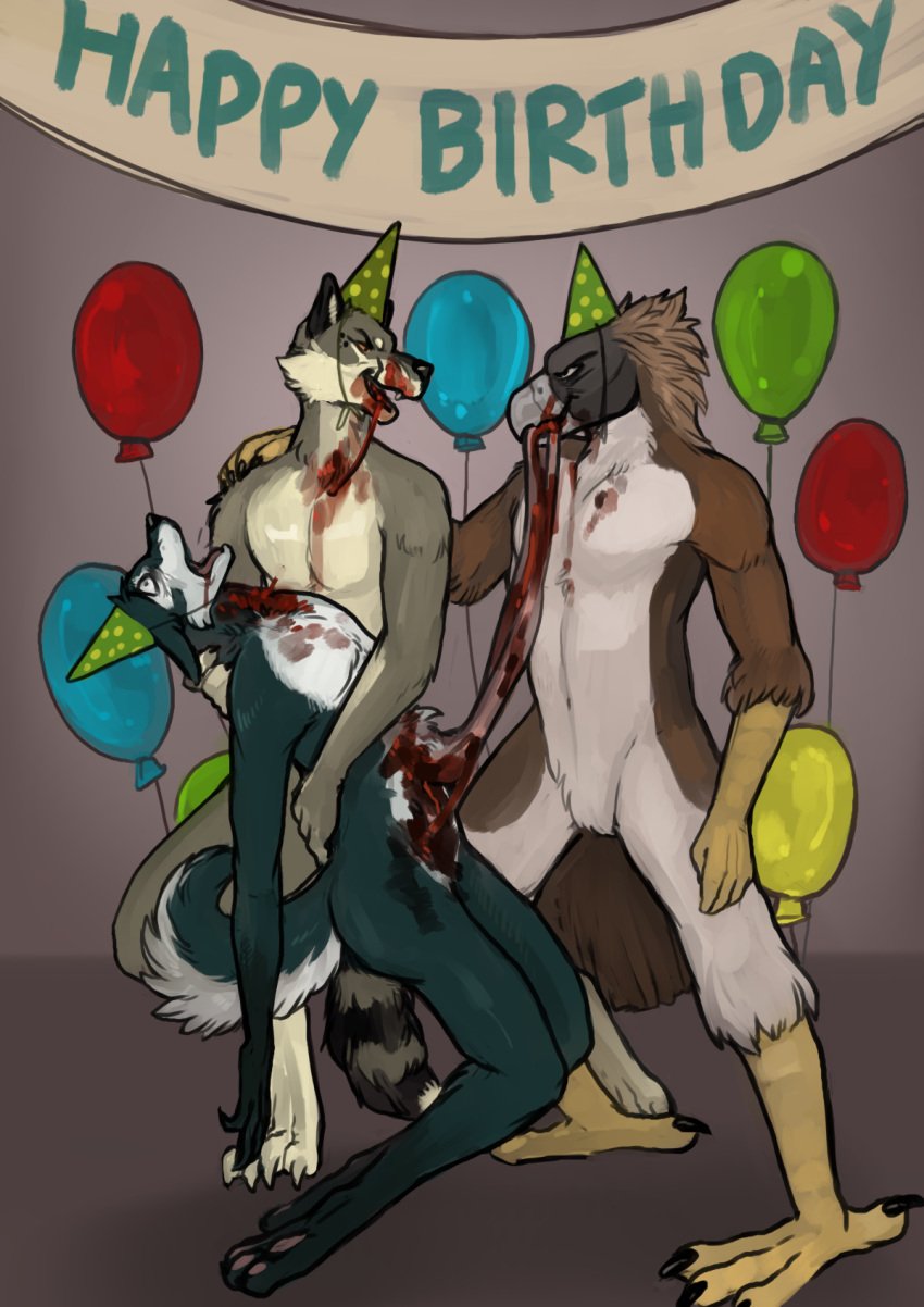 accipitrid accipitriform anthro avian balloon beak bird birthday blood bodily_fluids canid canine canis cheetah clothing death disembowelment domestic_dog eagle felid feline gore group guts hard_vore hat headgear headwear hi_res husky hybrid intestines king_cheetah male male/male mammal maned_werewolf nordic_sled_dog num8 organs pirate_eagle snuff spitz torakuta wolf