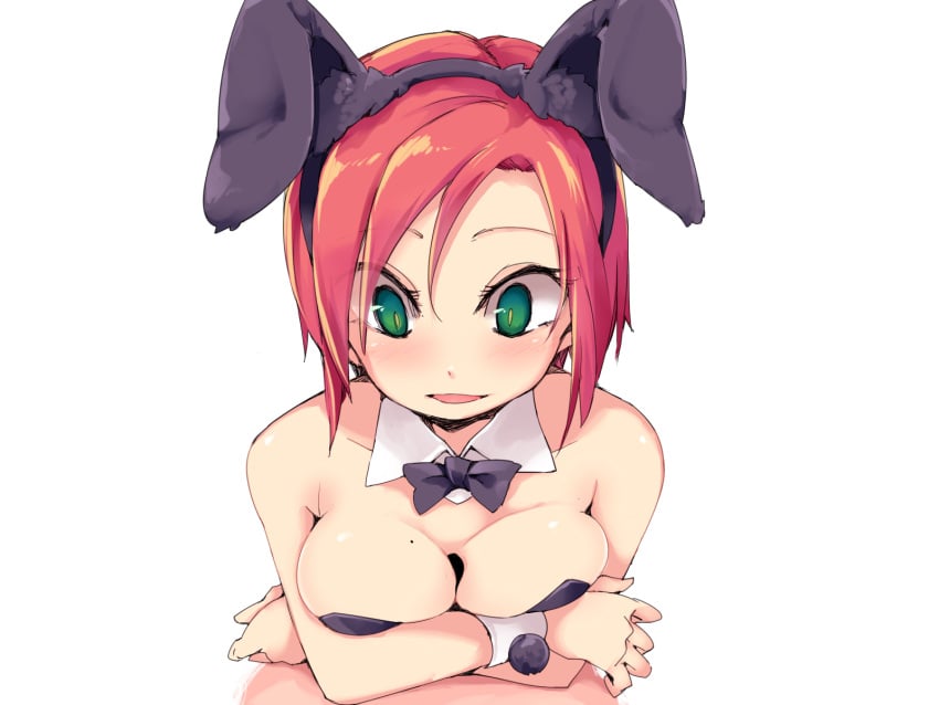 1boy animal_ears bare_shoulders blank_censor blush breasts bunny_ears bunny_girl bunnysuit censored clothing detached_collar fake_animal_ears female green_eyes hairband highres leotard looking_down ls-lrtha mole mole_on_breast open_mouth original outercourse paizuri penis pov short_hair simple_background smile solo_focus straight white_background wrist_cuffs