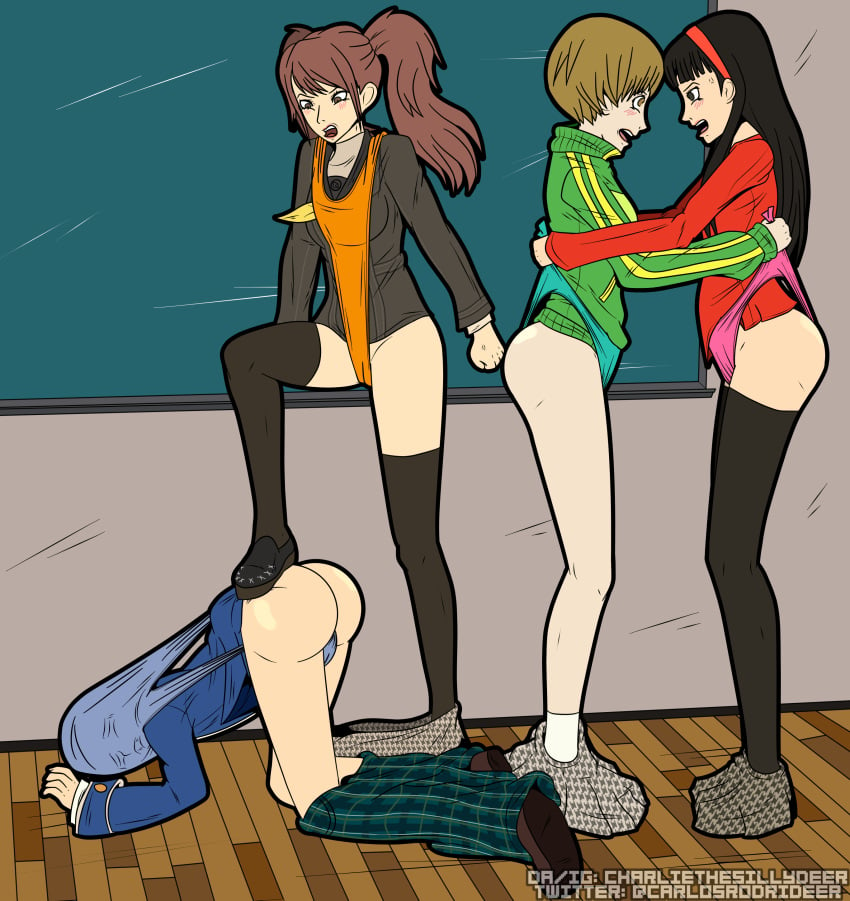 4girls amagi_yukiko angry asphyxiation ass ass_up atlus atomic_wedgie blue_panties blue_shirt blush brown_eyes brown_hair charliethesillydeer classroom exposed_ass female female_focus female_only fetish fighting green_jacket green_panties group hairband jacket kujikawa_rise leggings long_hair looking_at_another orange_panties panties pants pants_down panty_pull pantyhose persona persona_4 pink_panties plaid_pants red_sweater satonaka_chie scarf school school_uniform schoolgirl shirogane_naoto shirt short_hair shoulder_wedgie skirt skirt_down skirt_pull skirt_removed socks sweater teenager twintails wedgie yellow_scarf young younger_female