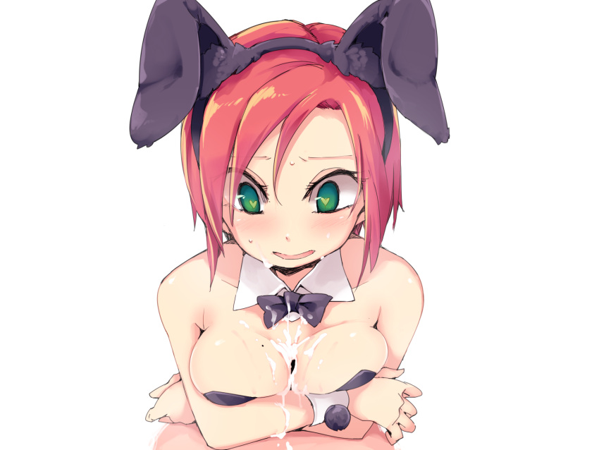 1boy animal_ears bare_shoulders blank_censor blush breasts bunny_ears bunny_girl bunnysuit censored clothing cum cum_on_body cum_on_breasts detached_collar facial fake_animal_ears female green_eyes hairband heart heart-shaped_pupils highres leotard looking_down ls-lrtha mole mole_on_breast open_mouth original outercourse paizuri penis pov short_hair simple_background smile solo_focus straight symbol-shaped_pupils white_background wrist_cuffs