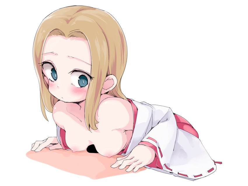 1boy areolae bare_shoulders blank_censor blonde_hair blue_eyes blush breasts censored clothing dot_mouth female forehead hakama highres japanese_clothes ls-lrtha medium_breasts miko nipples original outercourse paizuri penis red_hakama simple_background solo_focus white_background wide_sleeves