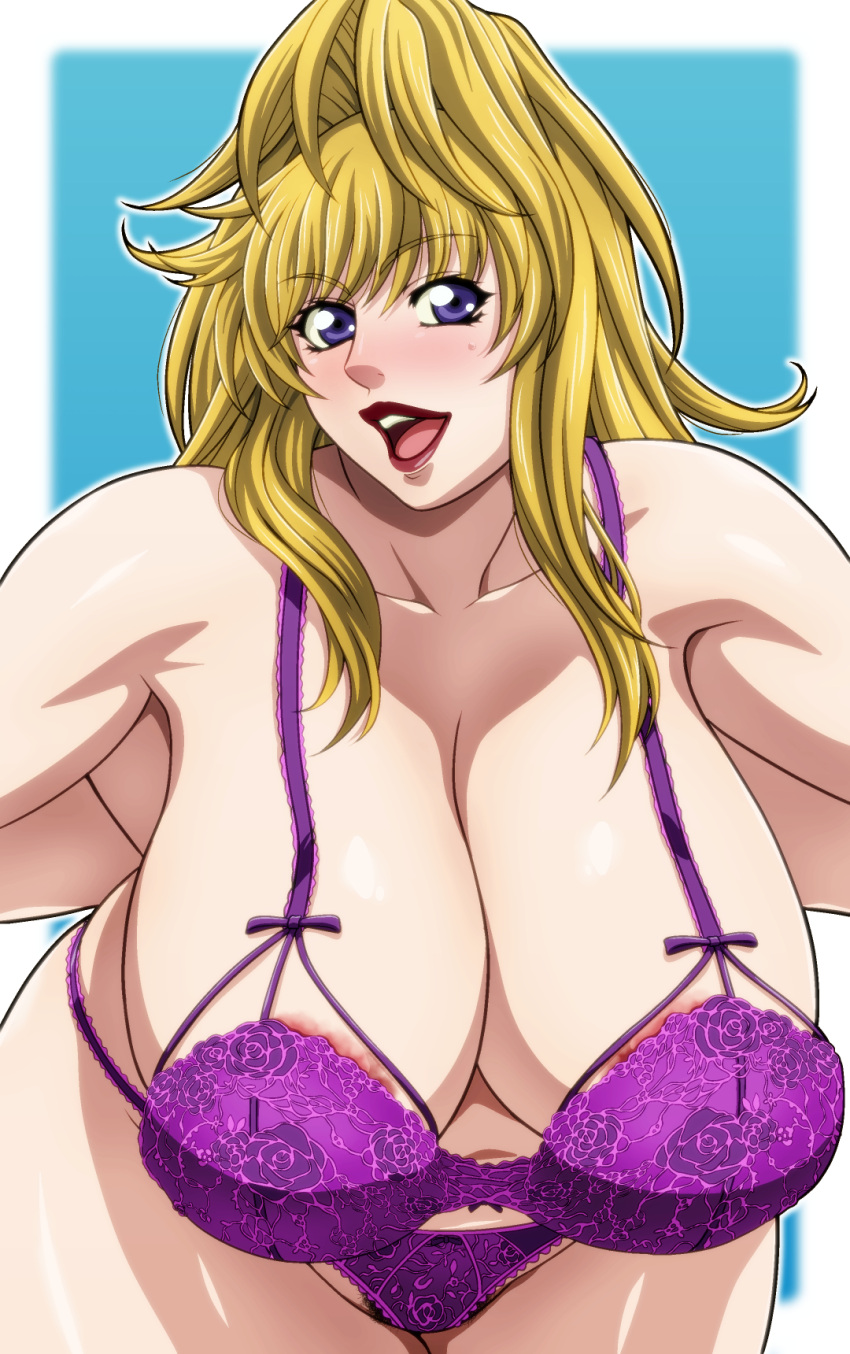 1girls areola_slip areolae arms_behind_back bare_shoulders big_breasts blonde_hair blue_background blurry_background blush bra breasts cleavage clothing collarbone curvy eyebrows_visible_through_hair eyelashes female female_focus female_only ginga_azuma gravion highres hips huge_breasts human large_breasts leaning_forward lips lipstick long_hair looking_at_viewer open_mouth panties purple_eyes red_lipstick revealing_clothes shiny_skin simple_background skimpy smile solo solo_female tachibana_mizuki teeth thick_thighs thighs tongue underwear voluptuous white_border wide_hips