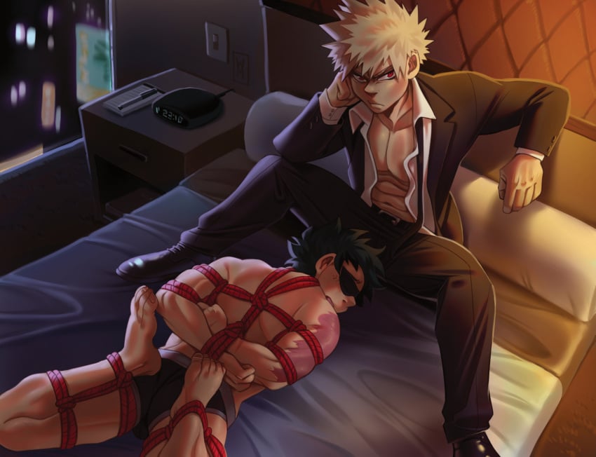 2boys barefoot bed bedroom blindfold blonde_hair bondage clothing gay green_hair izuku_midoriya katsuki_bakugou legs_apart lying_on_bed lying_on_stomach male male/male male_domination male_only malesub my_hero_academia open_chest partially_clothed red_eyes rope_bondage submissive_male tied tied_arms tied_up underwear wildmage yaoi