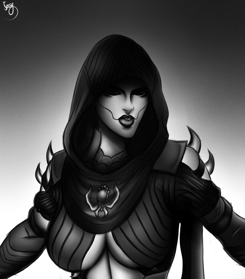 2d big_breasts black_and_white black_lips d'vorah hood insect_girl mortal_kombat mortal_kombat_x shoulder_spikes