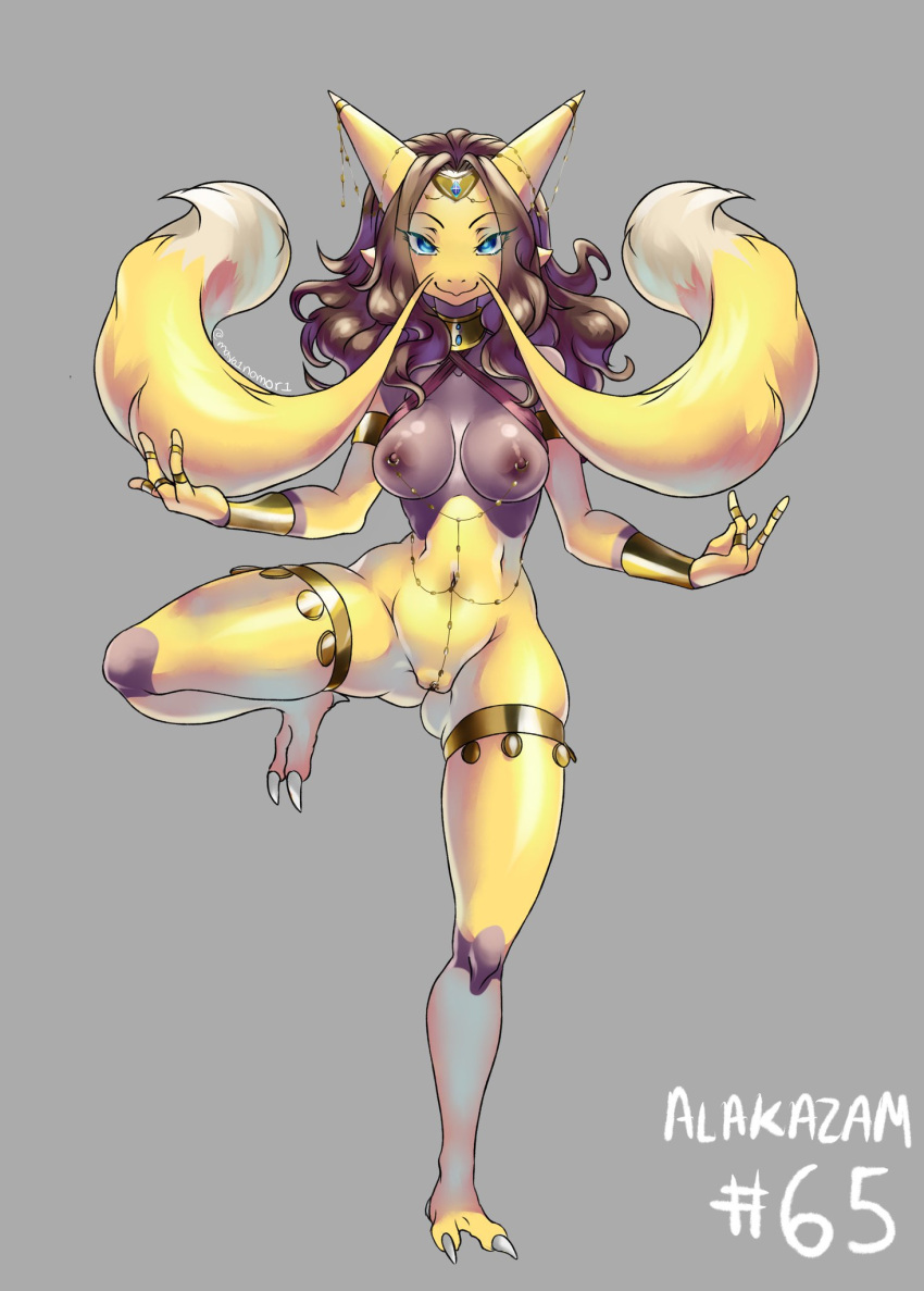 alakazam anthro anthrofied blue_eyes bracelet breasts brown_hair choker claws clitoris clitoris_piercing clothing dark_nipples facial_hair female genital_piercing genitals grey_background hair hi_res jewelry looking_at_viewer mayo1nomor1 moustache navel navel_piercing necklace nintendo nipple_chain nipple_piercing nipples on_one_leg piercing pokémon_(species) pokemon pussy pussy_piercing ring simple_background small_waist smile solo standing the_lost_artist video_games wavy_hair wide_hips zacianswords